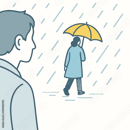 Man observing woman walking with yellow umbrella in the rain