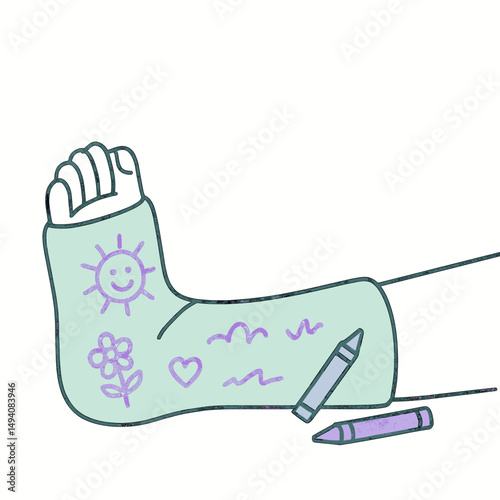 Child's foot in a colorful cast decorated with drawings and crayons  