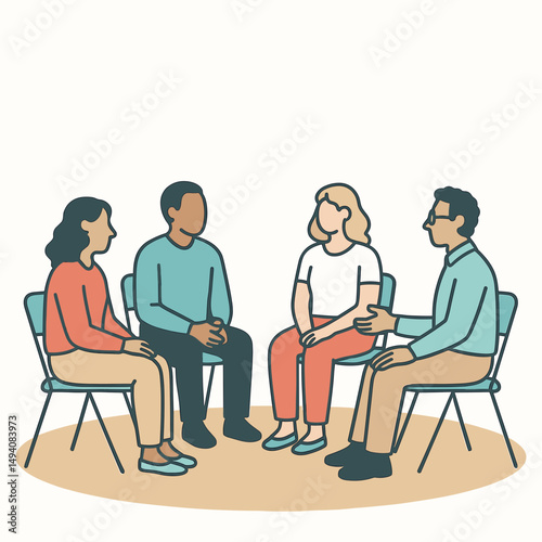 Four people sitting in chairs engaged in a group discussion 