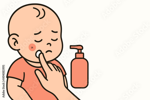 Baby receiving care for mosquito bite with soothing lotion  