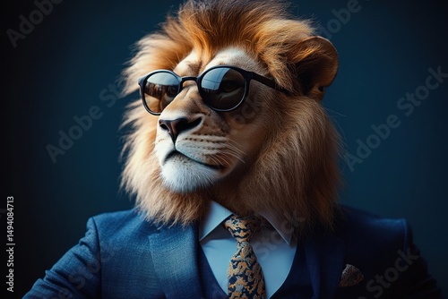 confident lion wearing sunglasses and a suit with a patterned tie posing against a dark background