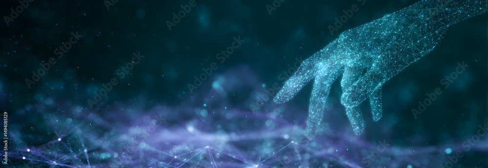 Fototapeta premium Hand holding glowing data visualization in a modern office setting