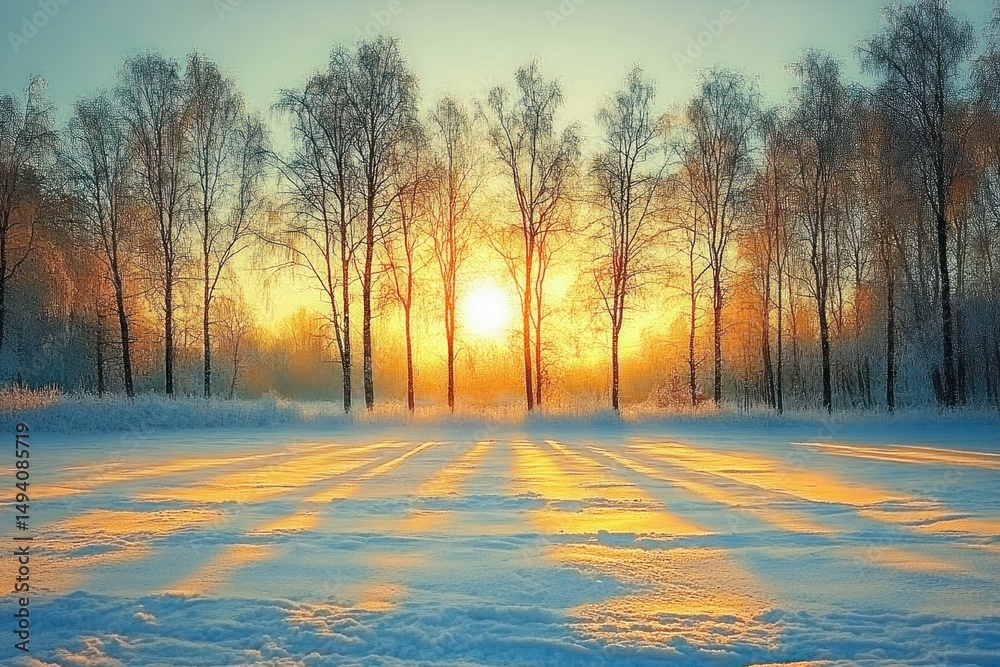Naklejka premium Sunrise casting long shadows of leafless trees over a snow-covered field with golden light and blue tones in a serene winter landscape