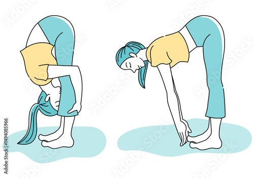 Vector illustration of a woman practicing a standing forward bend yoga pose (set of two types: deep forward bend and shallow forward bend)