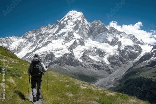 A lone hiker walking on a grassy mountain trail towards a towering snow-covered peak under a clear blue sky, evoking a sense of adventure and solitude