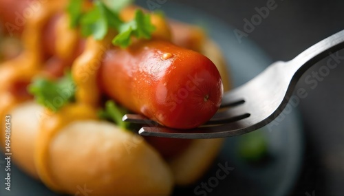 Close-up of a hot dog fork, utensil with multiple tines for easy eating , savory, meal, multiple tines photo