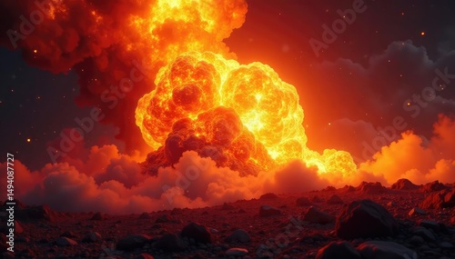 Fiery explosion, rapid combustion, intense heat and light , chemical reaction, orange