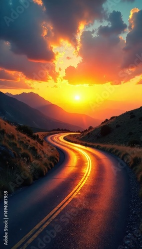 Golden hour light illuminates a winding road leading towards a vibrant sunrise over a picturesque landscape Perfect for travel, nature, and inspirational themes , landscape, horizon, hills