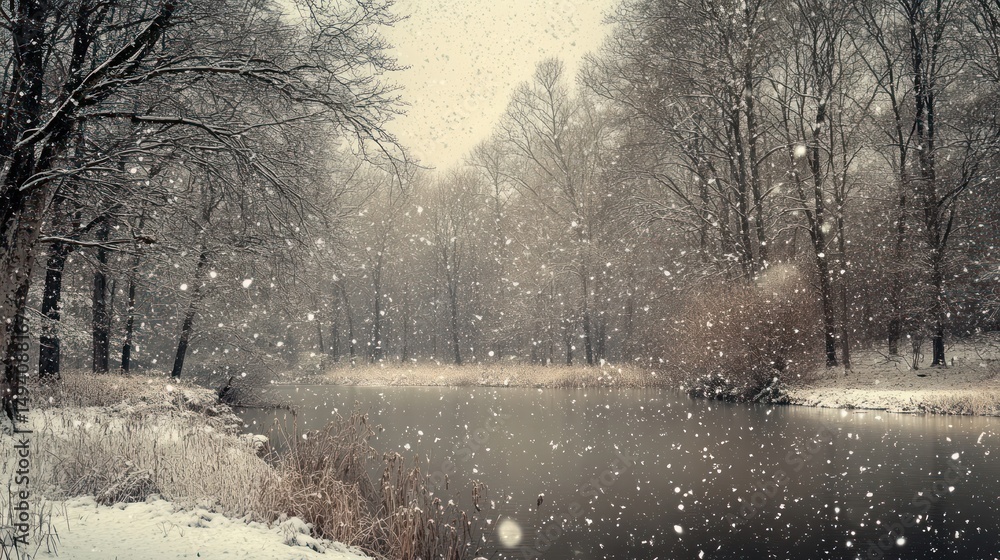 Obraz premium Serene Winter Landscape with Snowfall over Tranquil Pond and Bare Trees