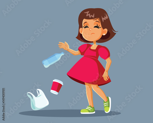 Rude Girl Throws Trash on the Ground Vector Illustration. Child irresponsibly throwing trash into nature  

