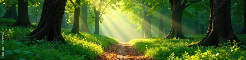 Naklejka premium Sun-dappled forest path winding through lush green trees, sunlight filtering through leaves, creating a magical atmosphere Perfect for travel, nature, and fantasy themes , relaxation, flora