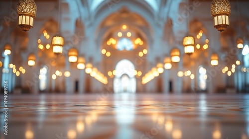 Blurred interior of mosque with glowing lanterns and high domed ceilings, featuring bokeh effect that highlights ornate arches, intricate mihrab, and spiritual ambiance in a majestic sacred space photo