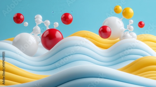Abstract composition of colorful spheres and wavy shapes on a light blue background
