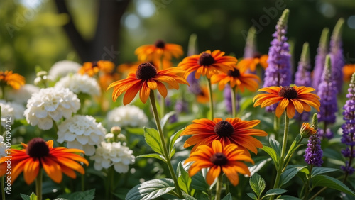 Black Eyed Susan's blooming in bright orange in the summer garden.  Perennial flowers in the sunshine in colors of orange, purple and white. Walking in the garden with flowers all around.