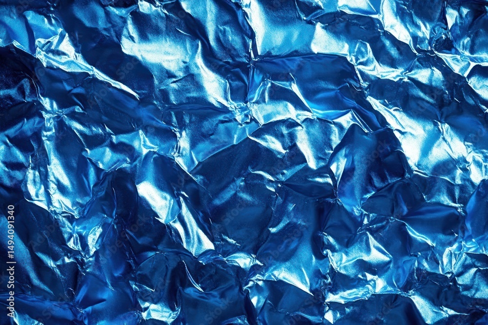 Fototapeta premium close-up view of crumpled shiny blue metallic foil reflecting light with textured creases and folds