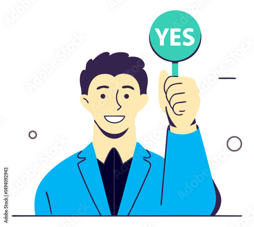 A smiling man in a blue jacket holds up a circular sign that reads "YES."