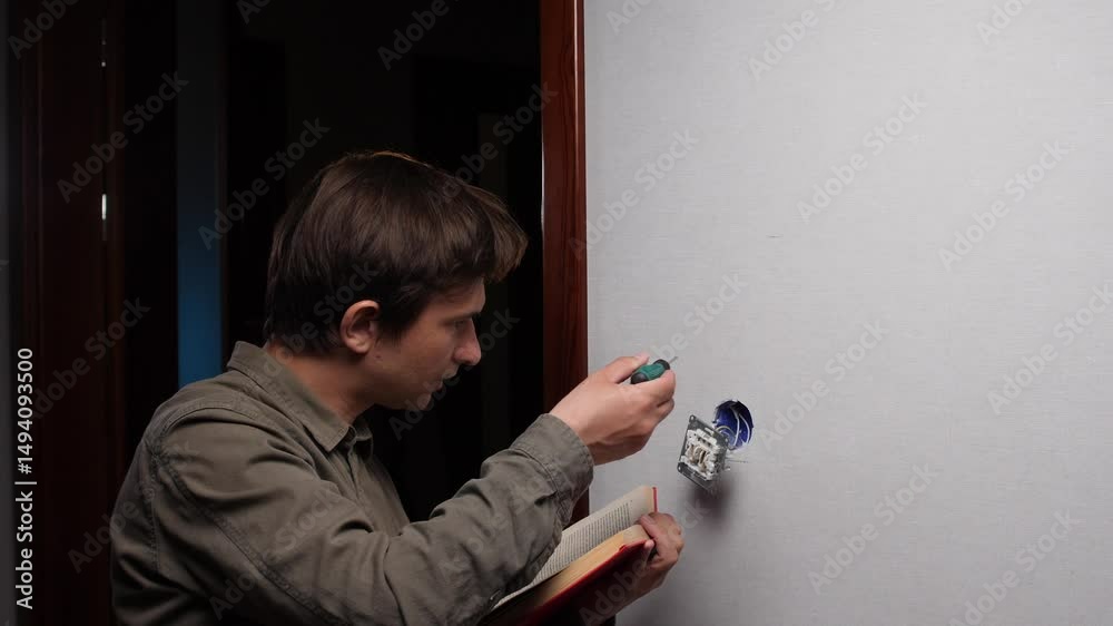 Electrician installing light switch and reading instructions manual