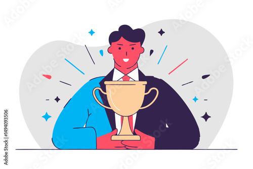 A jubilant businessman in a suit holds a golden trophy, surrounded by celebratory sparkles, symbolizing achievement and success.