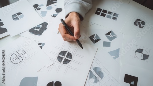 Creative process: Hand sketching innovative logo designs on white surface papers