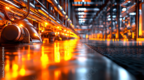 Vibrant industrial scene showcasing illuminated pipes and reflective surfaces, creating dynamic atmosphere in manufacturing environment