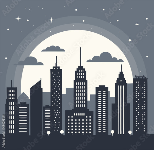 Stylized city skyline at night with a large moon and stars in the background.