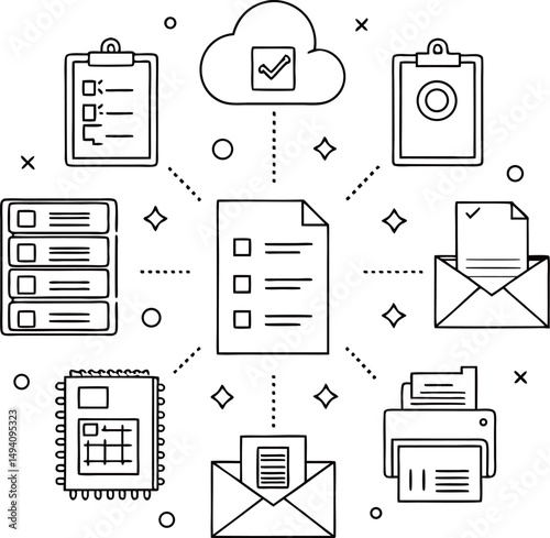 Illustration of a digital workflow featuring documents and correspondence icons.