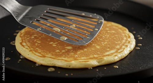 A macro shot of a silver slotted turner flipping a golden pancake on a griddle The pancake is fluffy and golden and the turner is in perfect focus