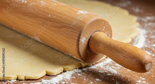 A close-up photo of a wooden rolling pin rolling out a sheet of pie dough on a floured surface The dough's texture and the rolling pin's details are clearly visible