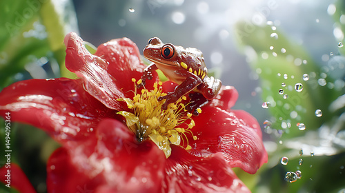 Vibrant flying frog perched on red flower, surrounded by droplets of water, creates stunning natural scene