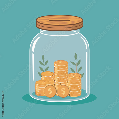 A glass jar filled with golden coins and green leaves symbolizing savings.