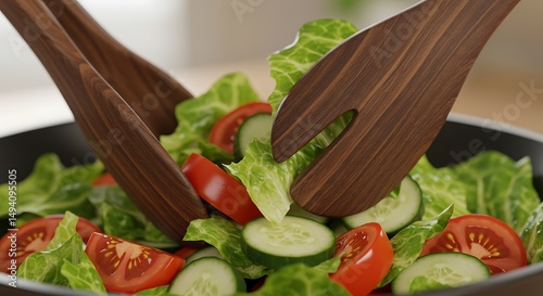 A close-up photo of a wooden salad tongs tossing a fresh garden salad The salad is vibrant and crisp and the tongs are in perfect focus