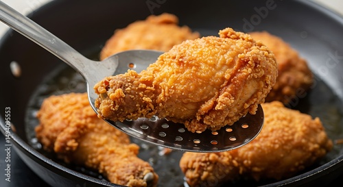 A macro shot of a silver slotted spoon lifting a piece of fried chicken from a skillet The chicken is golden and crispy and the spoon is in sharp focus