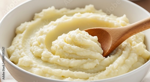 A close-up photo of a wooden spoon resting in a bowl of freshly made mashed potatoes The potatoes are creamy and smooth and the spoon is in perfect focus