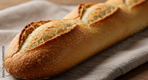 A close-up of a freshly baked baguette with a crispy golden crust placed on a linen napkin The baguette's texture and the napkin's fabric are clearly visible