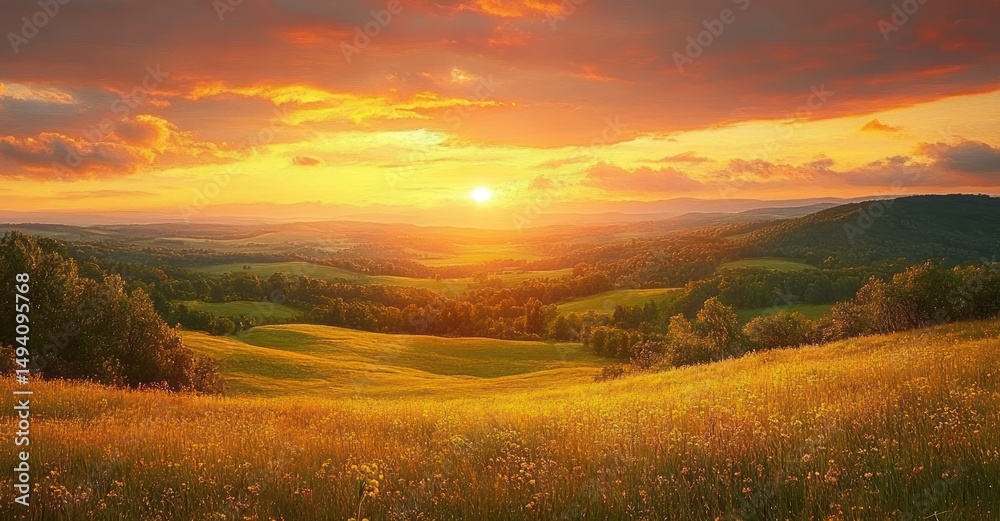 Fototapeta premium Vibrant golden sunset over rolling green hills and wildflower fields with scattered trees under a partly cloudy sky