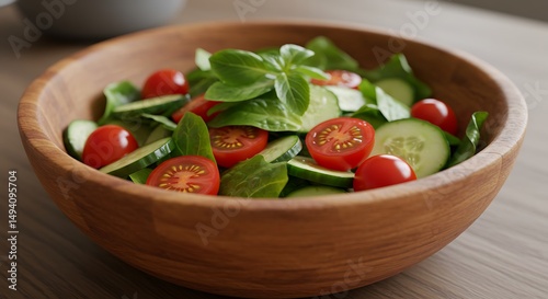 A close-up photo of a wooden salad bowl filled with fresh greens cherry tomatoes and cucumber slices The vegetables are vibrant and crisp and the bowl's texture is visible