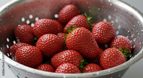 A detailed close-up of a stainless steel colander filled with freshly washed strawberries The strawberries are bright red and glistening with water droplets