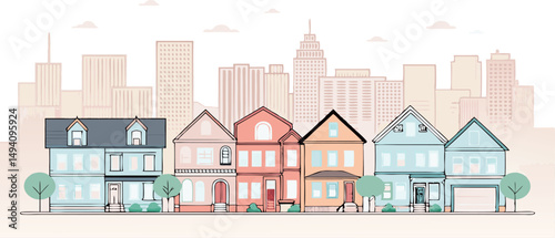 Colorful row of houses with skyline backdrop in a charming urban setting.