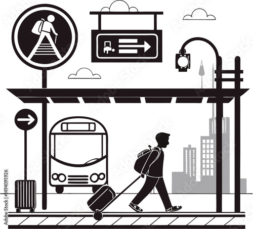 Man walking with suitcase at a bus station in a cityscape, illustrated in monochrome.