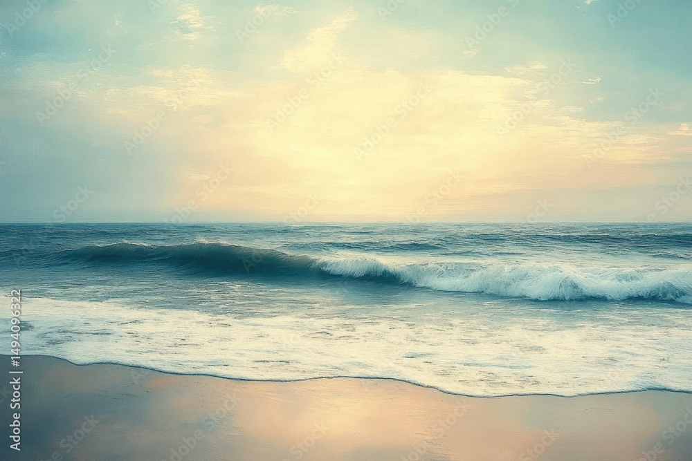 Fototapeta premium Calm ocean waves gently rolling onto a sandy shore under a soft, pastel sunrise sky evoking tranquility and peacefulness