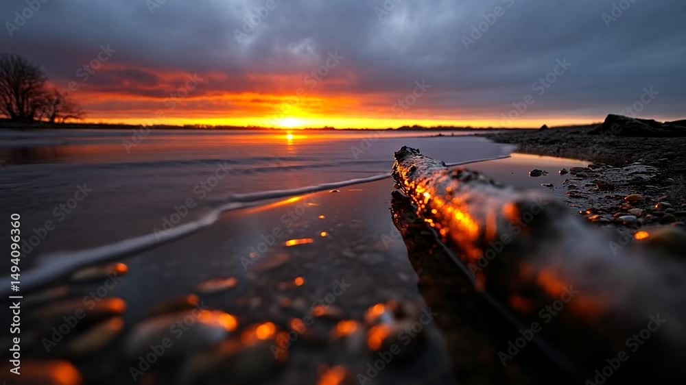 Dramatic sunset over water with a log in the foreground. Orange and red hues illuminate the sky and reflect on the water surface. The sky is dark and cloudy.