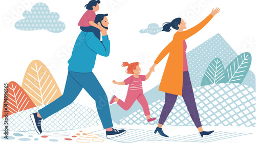 A father carries his daughter on his shoulders while walking with his family outdoors.