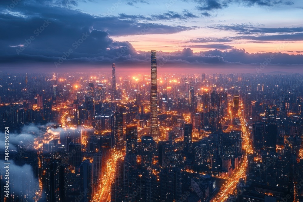 Fototapeta premium A sprawling cityscape at dusk with illuminated skyscrapers and streets glowing warmly under a dramatic cloudy sky, creating a vibrant urban atmosphere