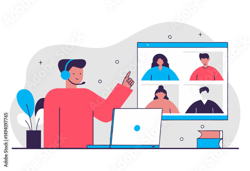 
A person wearing a headset pointing at a Webex video call screen with four participants. The illustration is flat and colorful.