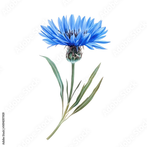 Rare Blue Cornflower With Delicate Stem And Feathe isolated on a transparent background. High quality PNG, commercial use.