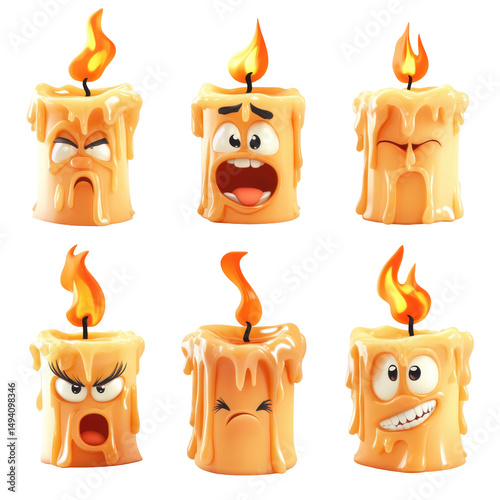 Set Of Cartoon Candles With Melting Wax And Exaggerate isolated on a transparent background. High quality PNG, commercial use.