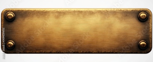 Blank vintage brass nameplate with rounded corners and four decorative screws on a white background, showing textured worn metal surface