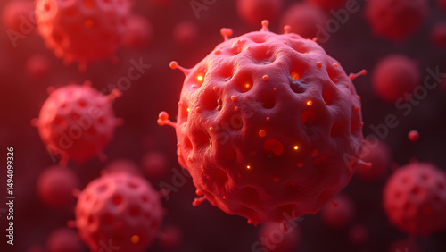 Crimson bacterium with glowing porous surface, detailed orifice structures, microscopic view with bokeh background microbes.