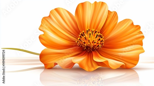 Vibrant orange flower with delicate petals and stem, reflecting on a white surface