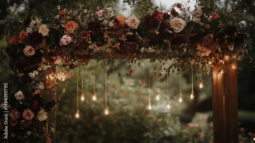 Enchanting floral archway adorned with vintage bulbs casts a magical glow
